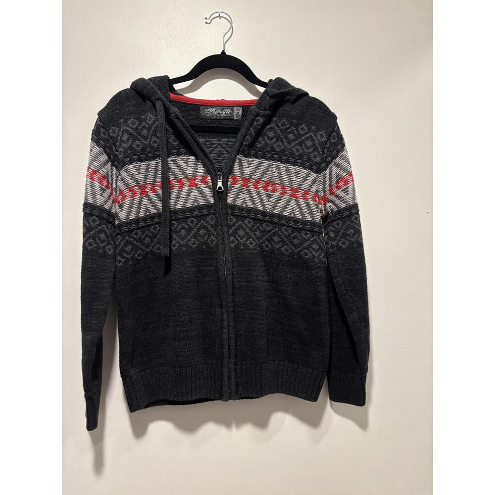 Y2K Retrofit Zip-Up Hooded Sweater - Gray with Patterned